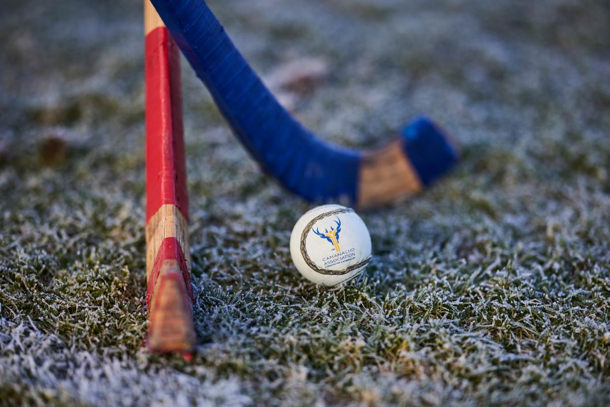 Two shinty sticks and shinty ball on frosty grass.