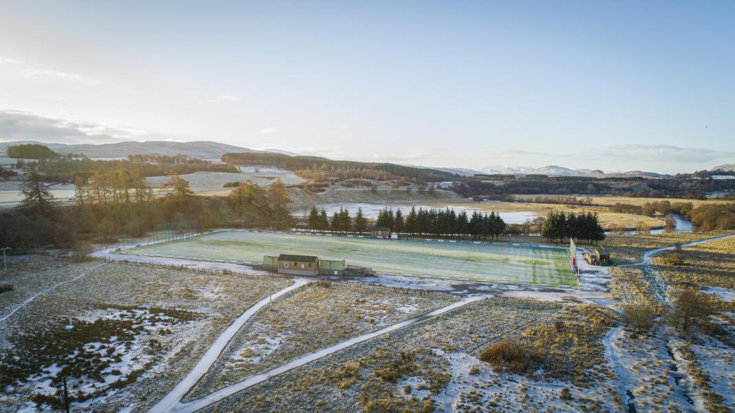 Aerial view of the Dell shinty ground in Kingussie