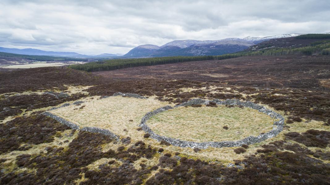 An aerial view of Tom Fhada township showing the remains of a stone structure surrounded by heather.