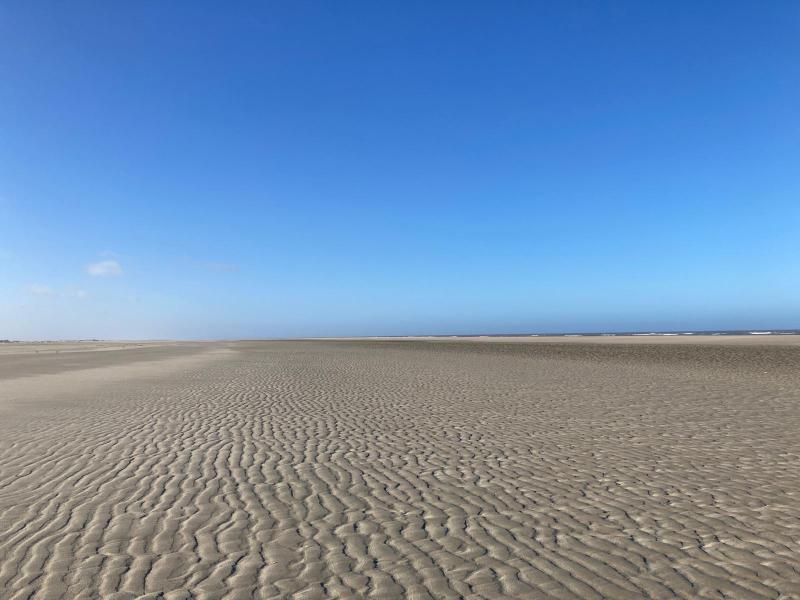 Flat sandy landscape with blue skies.
