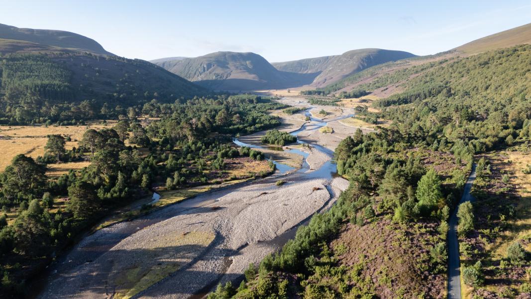 An aerial view of the river Feshie running through Glenfeshie with trees on both sides and surrounding mountains