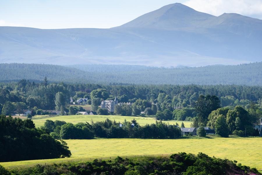 Houses in a rural setting with mountains in the distance.