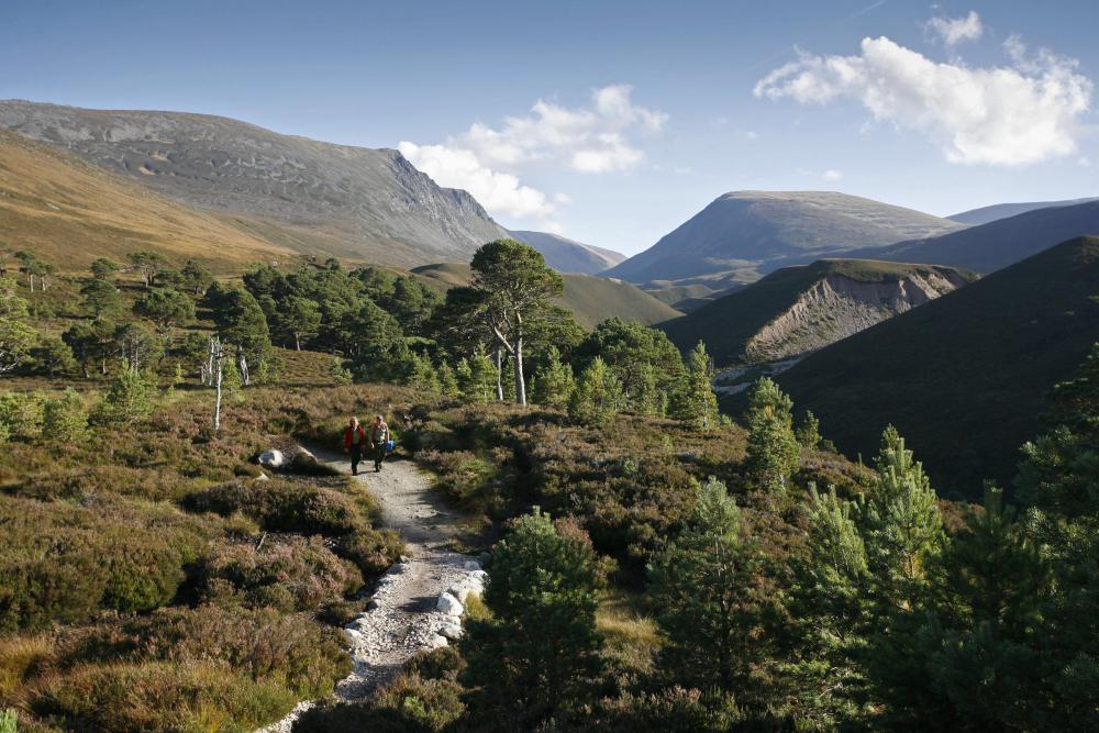 A couple of walkers on a track from the Lairig Ghru mountain pass