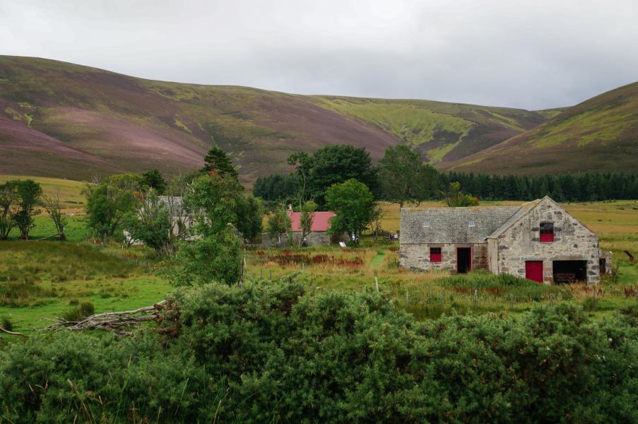 Three buildings in a rural setting with trees and hills in the background.