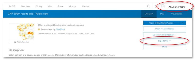 Layer details view showing logged in user and Export Data option