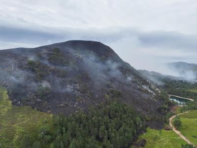 Drone image showing the extent of the wildfire at the Green Lochan in the Cairngorms National Park
