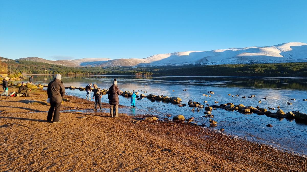People standing beside a loch with a clear blue sky and snowy mountains behind.