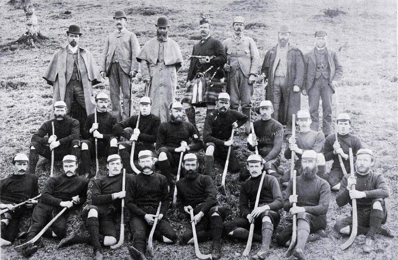 Black and white picture of the Insh Shinty Team taken in 1892