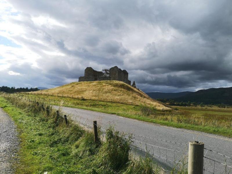 A distant shot of the Ruthven Barracks silhouette