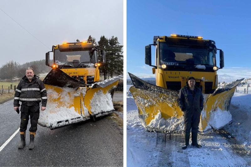 Two pictures of snow plough drivers standing in front of their snow ploughs