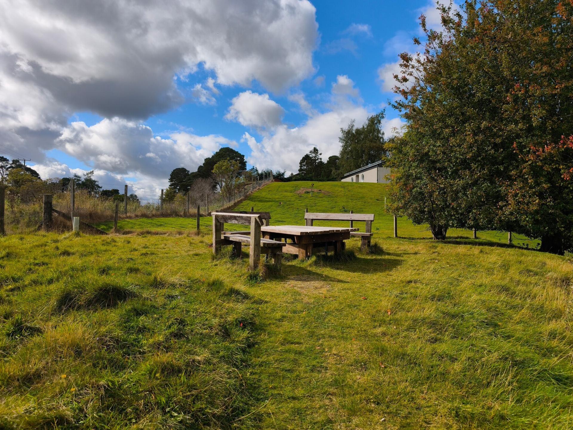 Photo of the picnic table and benches on the raised area of Kingussie's Glebe Ponds