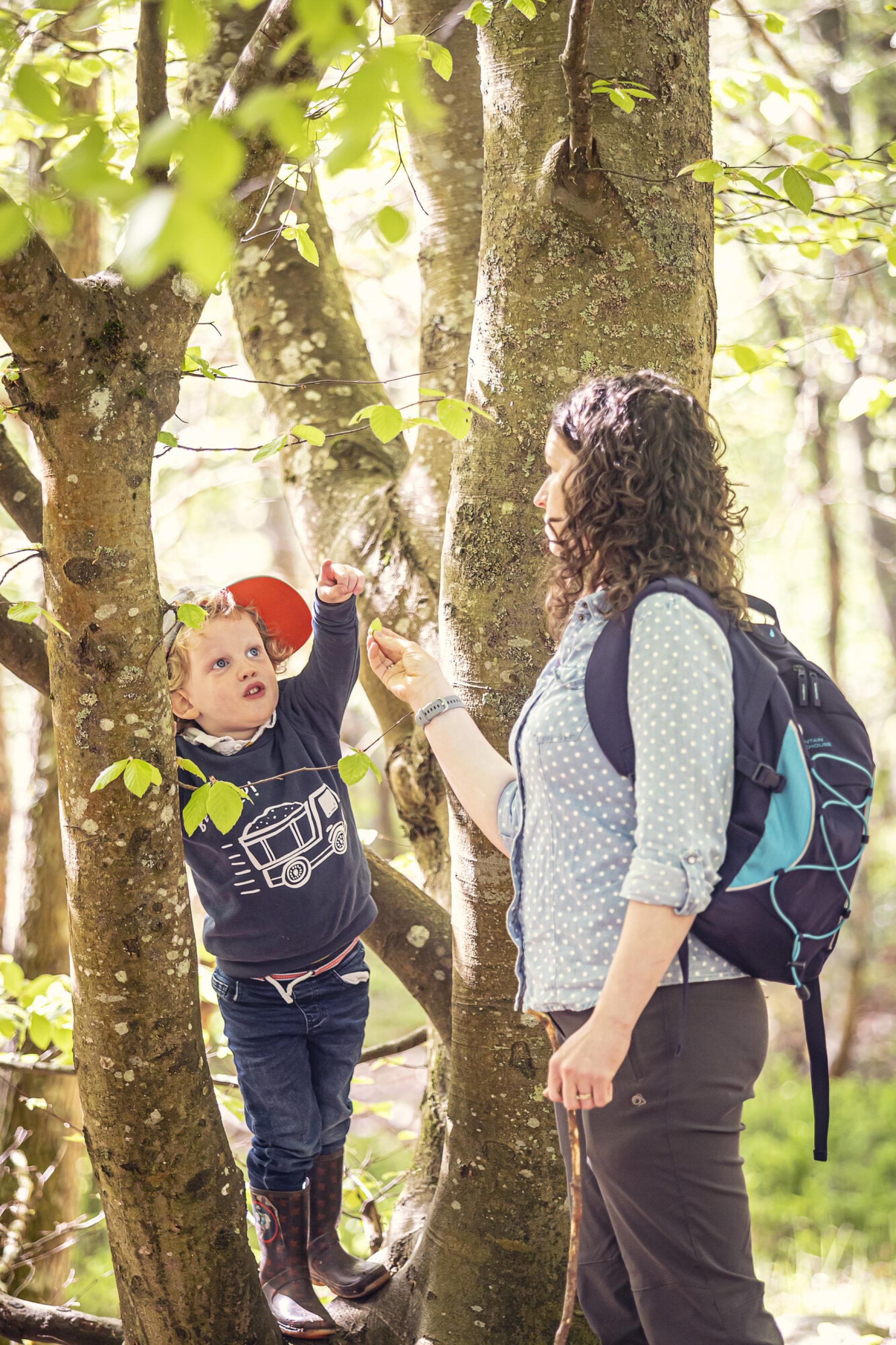 Woman and child on a family foraging walk in Anagach Woods