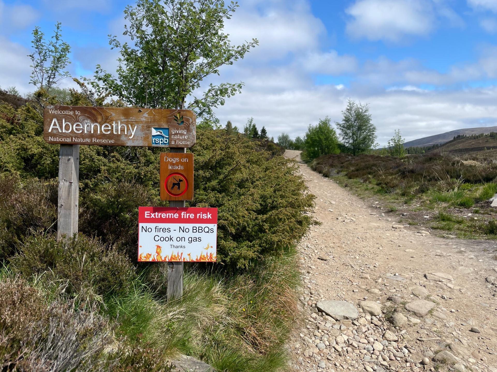 Extreme fire risk signage in Abernethy National Nature Reserve