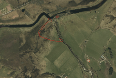 Aerial view of the River Tomie with a red marker signposting works to take place.