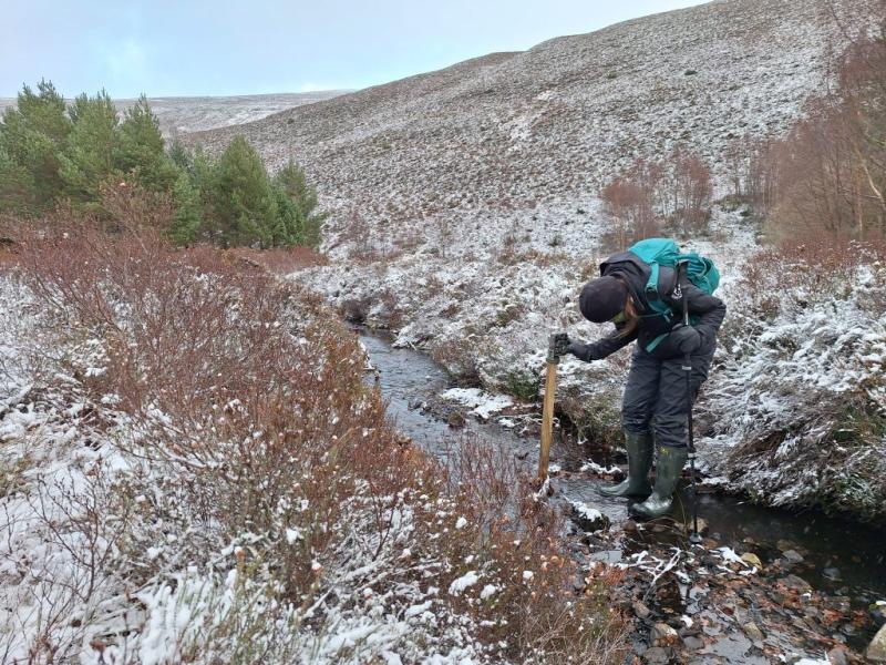 Person checking beaver trail camera in a stream with snow on the ground.
