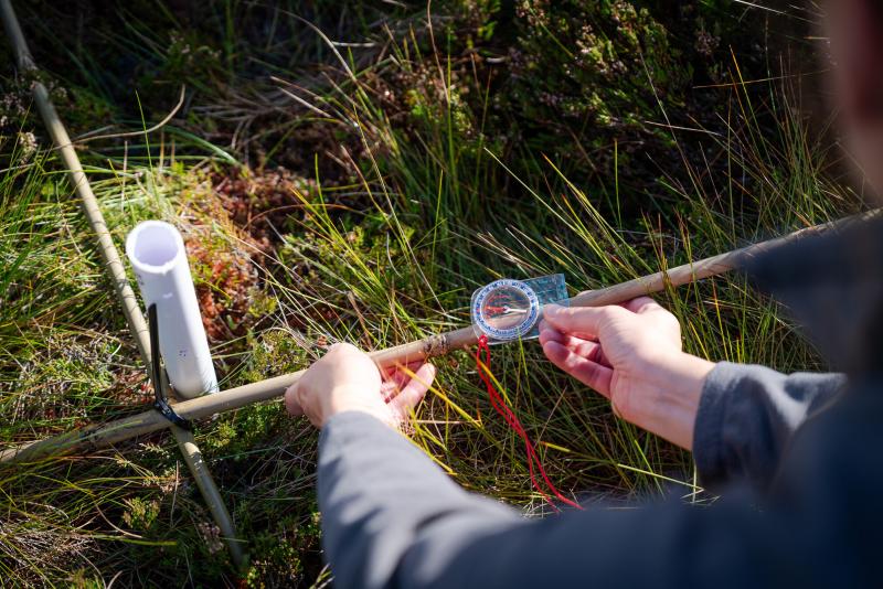Close up shot of the hands of student monitoring peatland in the National Park