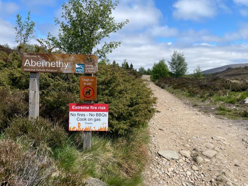 Extreme fire risk signage in Abernethy National Nature Reserve