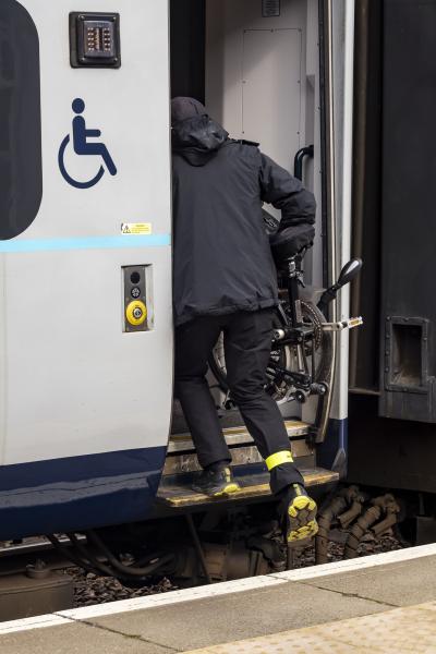 Person loading a bike onto a train.