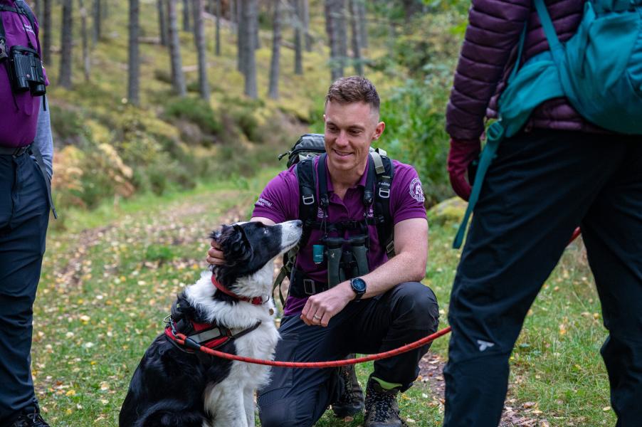 A dog walker and her dog meeting a ranger while they are out on patrol in a forest.
