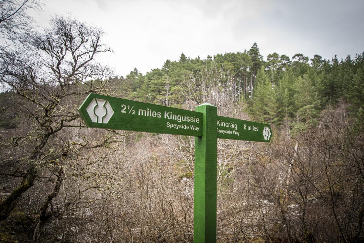 A green sign on the Speyside Way pointing to Kingussie and Kincraig
