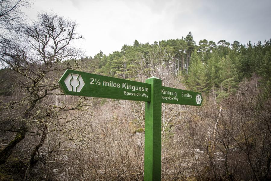 A green sign on the Speyside Way pointing to Kingussie and Kincraig