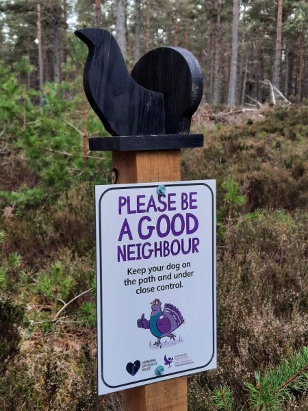 A sign to encourage dog owners to keep their dogs under control in a capercaillie area