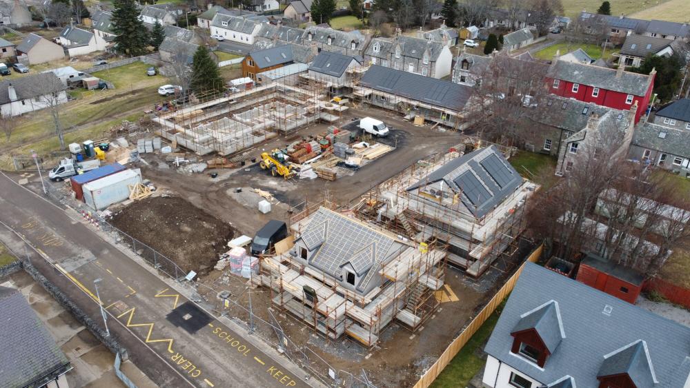 Aerial view of affordable housing under construction in Tomintoul