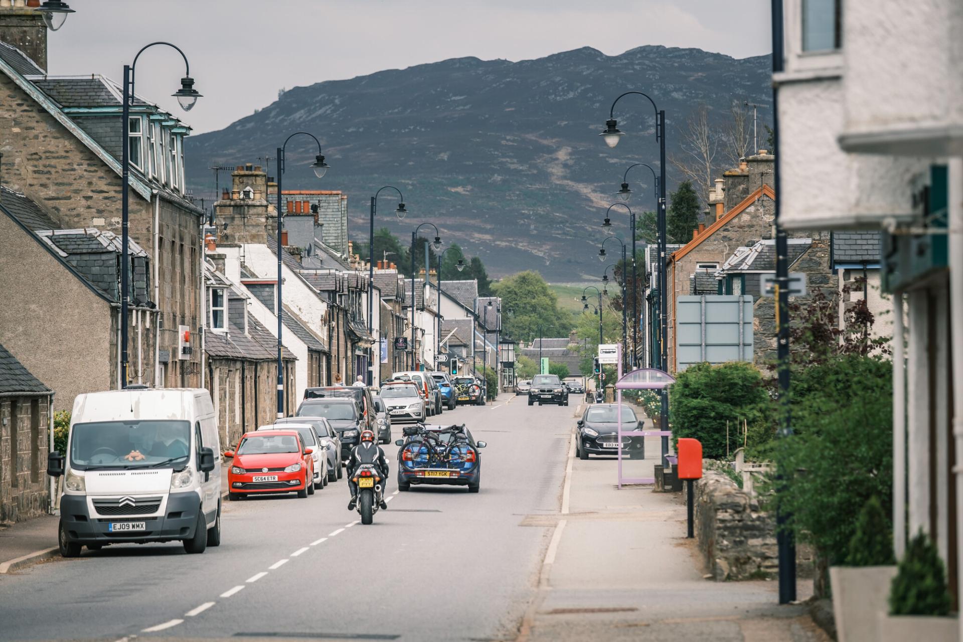 Looking down Newtonmore's main street.