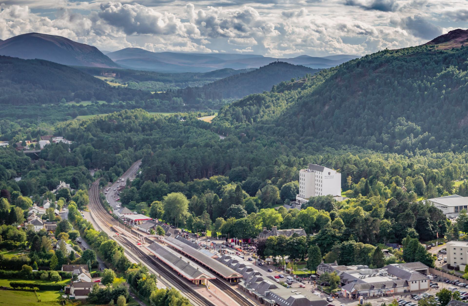 An aerial view of Aviemore station, looking south