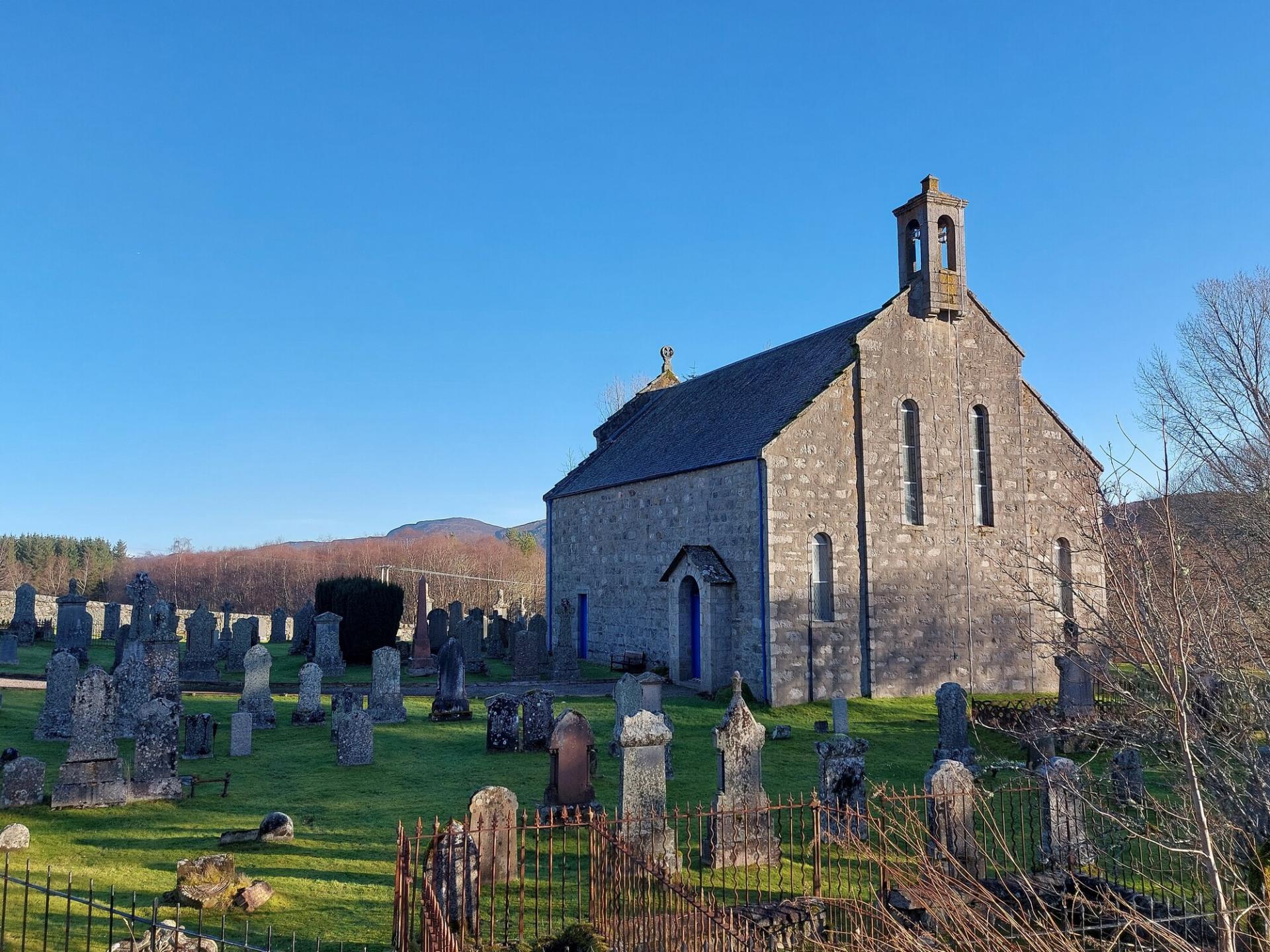 Blue sky over Laggan parish church.