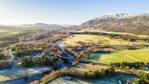 Aerial shot of the Spey Bridge at Newtonmore.