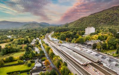 Aerial view of Aviemore looking south over the railway station.