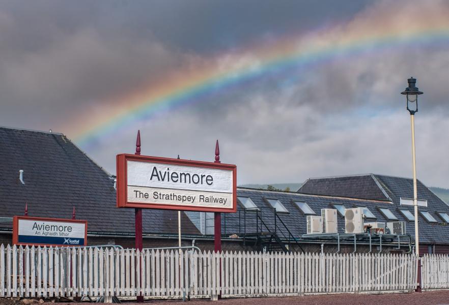 Aviemore, The Strathspey Railway sign on Aviemore station.