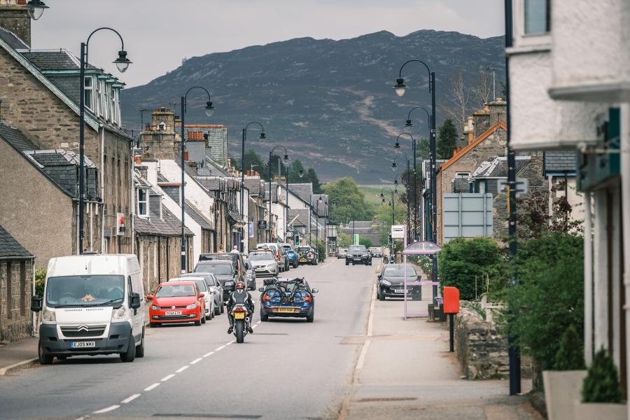 Looking down Newtonmore's main street.