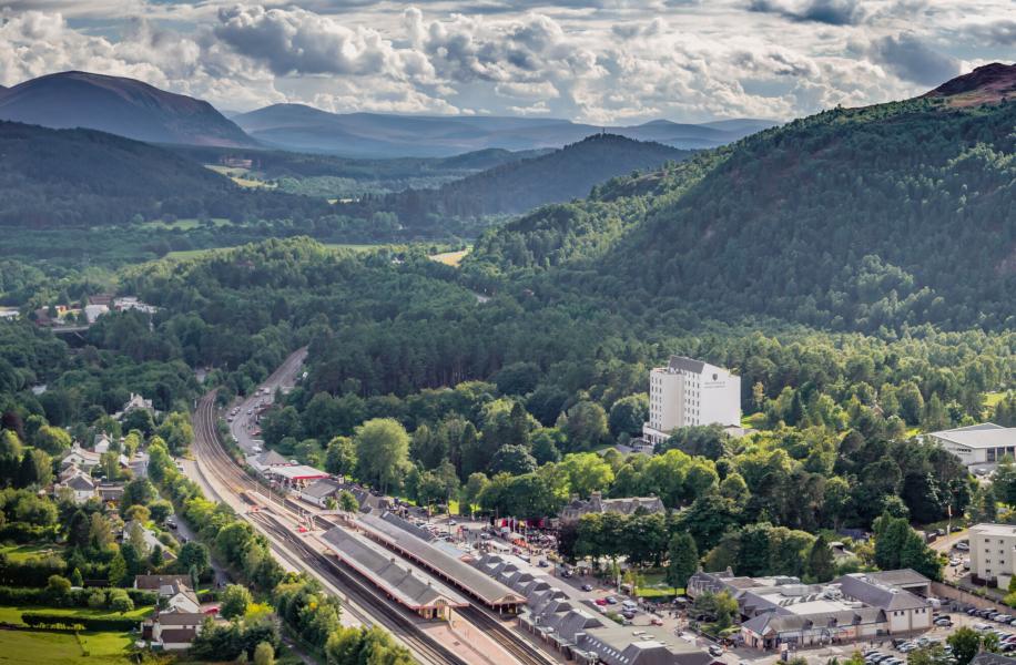 An aerial view of Aviemore station, looking south