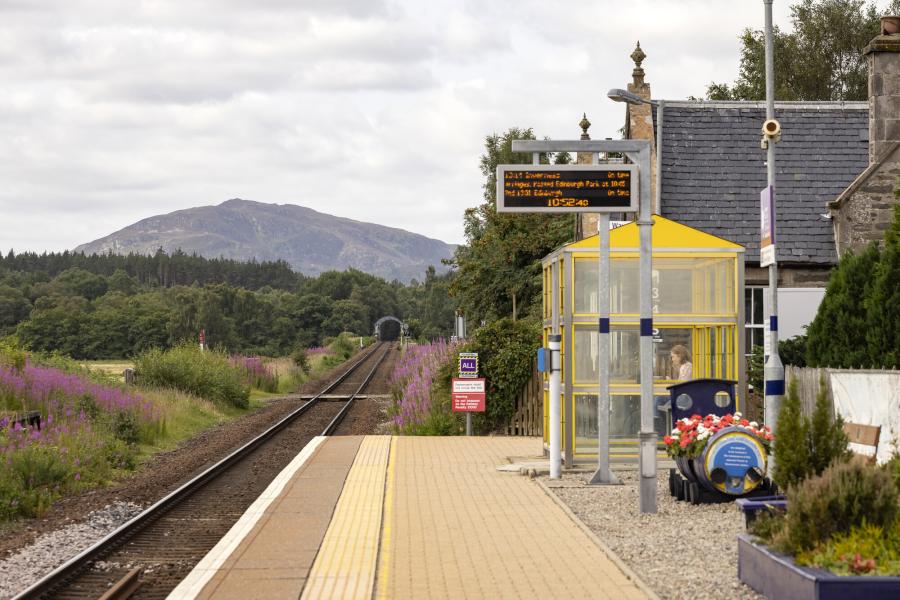 View looking down to the end of a train platform, with an electronic departures board, a track between wildflowers, and forest and hills in the background.