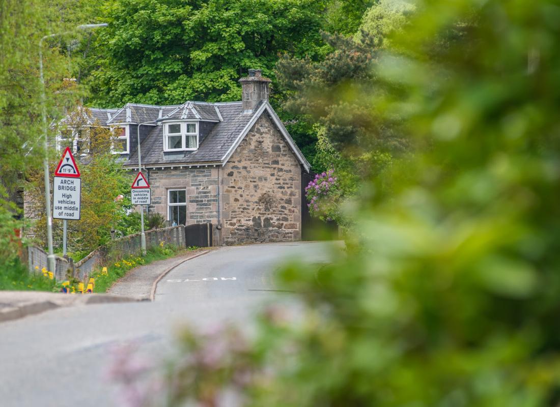 Street in Kincraig leading up towards a house with leaves in foreground.