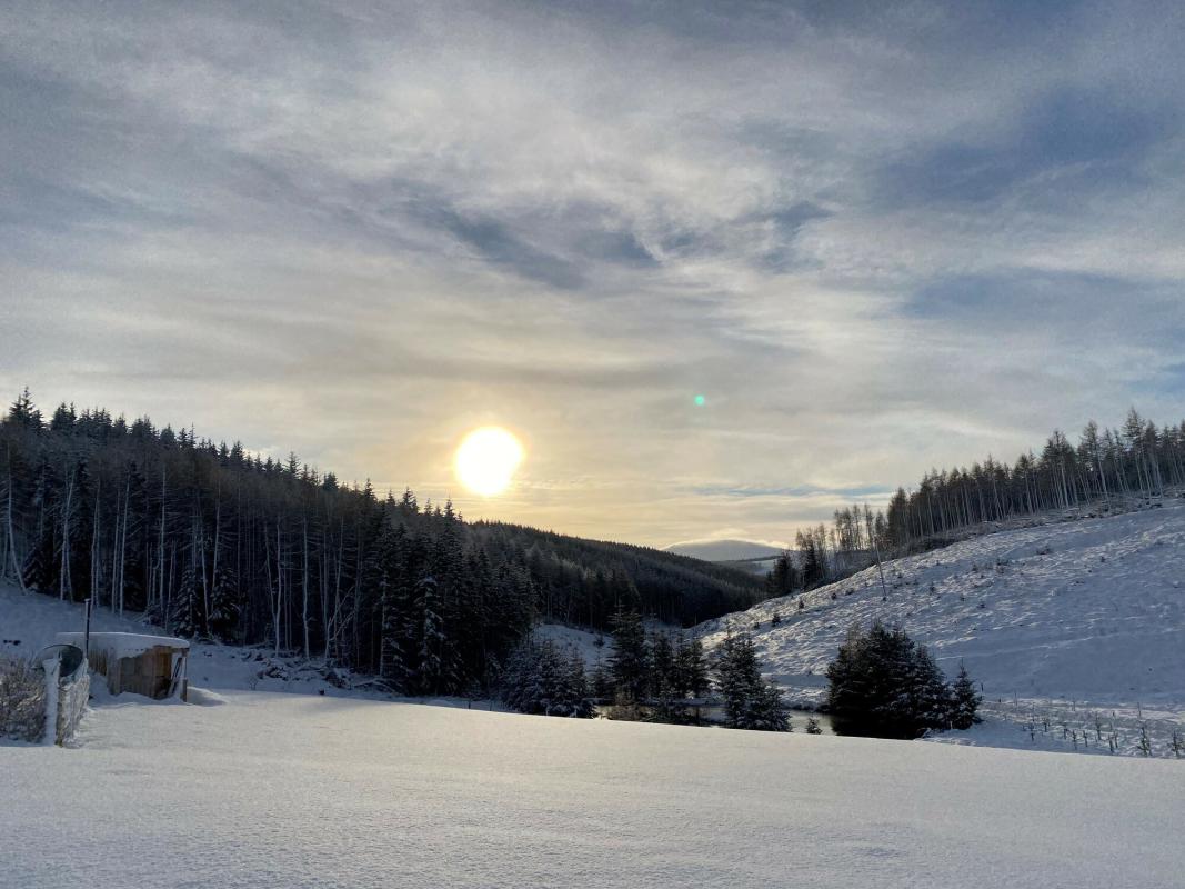 A snow covered landscape in Strathdon.