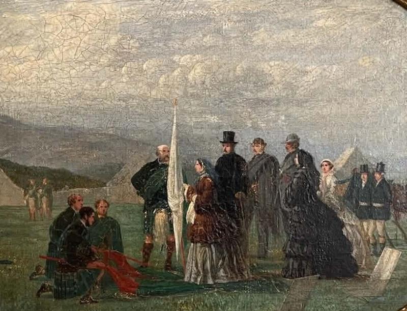 A photo of an old oil painting showing the Lonach Highlanders with Queen Victoria in the late 1800's