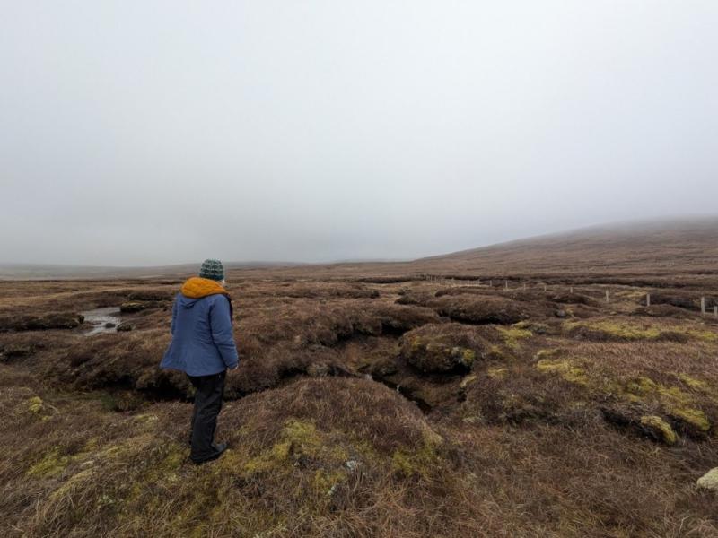Person standing on a misty peatland site in Shetland