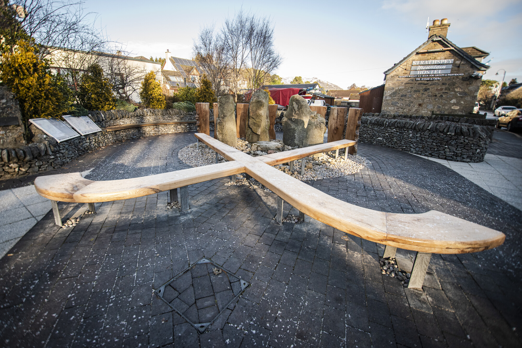 Benches in the shape of shinty sticks, art installation at Newtonmore