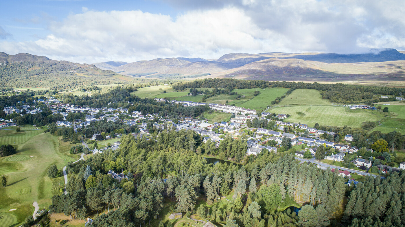Aerial shot of a houses, trees and fields