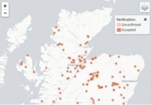 NBN Distribution map of the Red-breasted carrion beetle, in the Scottish Highlands