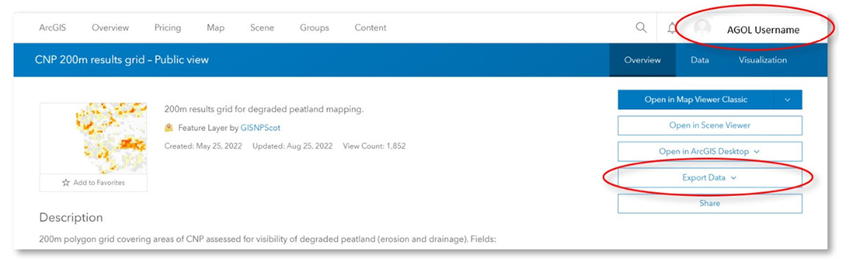 Layer details view showing logged in user and Export Data option