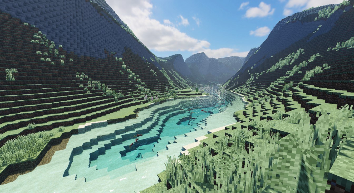 A computer-generated view of Loch Avon in the Cairngorms, showing an aqua-coloured lake sat between two large hills either side.