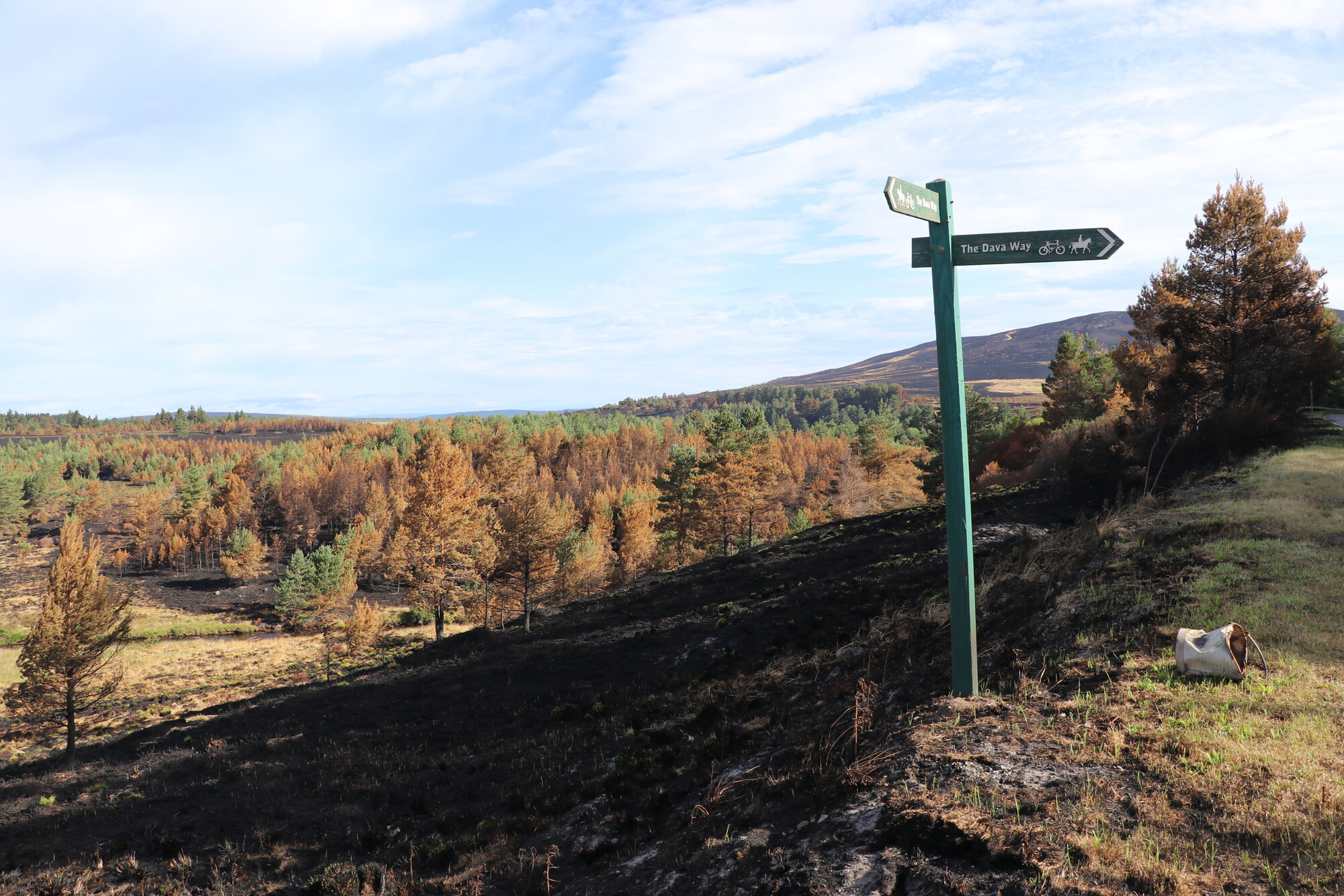 A green signpost for the Dava Way stands alongside a burned hillside with pine trees in the background - the result of a wildfire north of the National Park in June 2025.