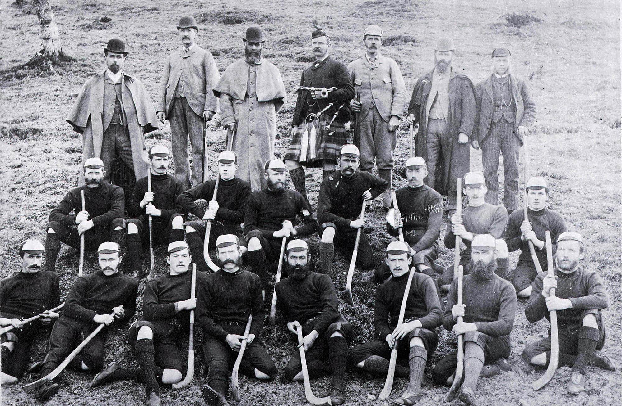 Black and white picture of the Insh Shinty Team taken in 1892