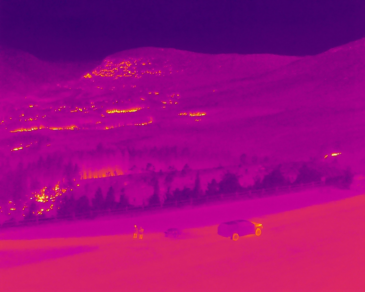 Thermal drone image showing two people and a vehicle in the foreground, with trees and flames in the background.