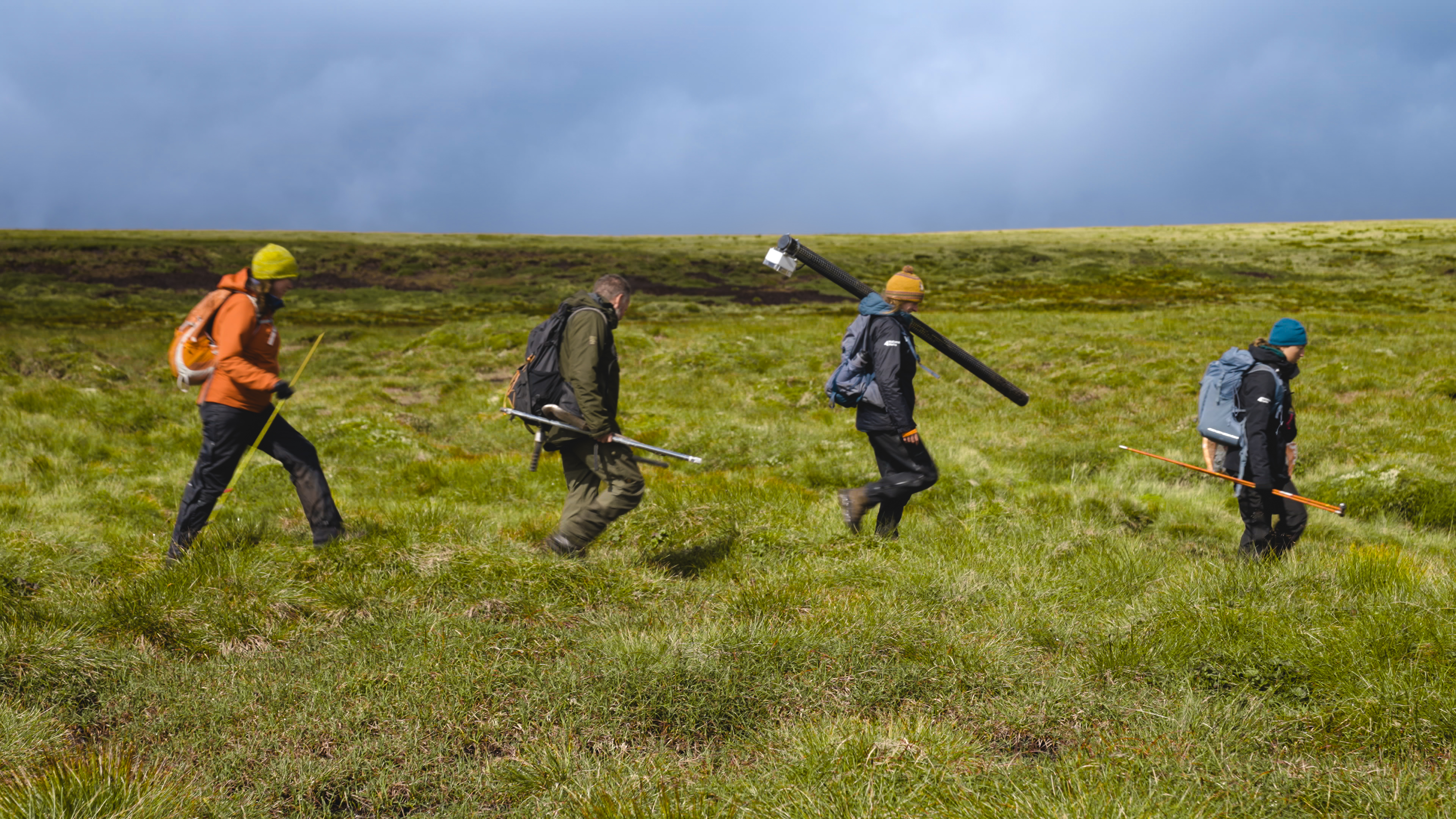Four members of the peatland restoration team walking through grass covered peatland.