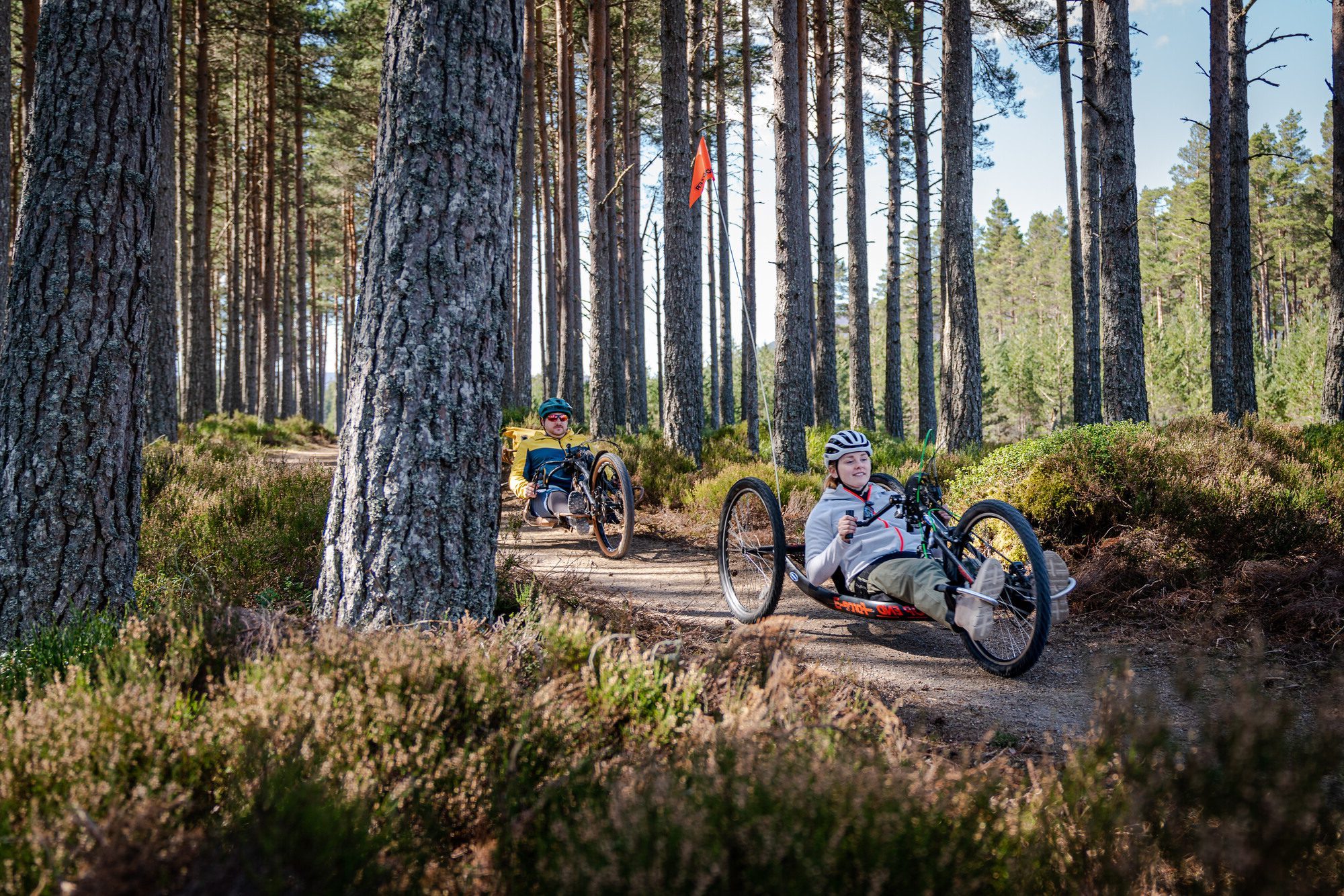 Two people using adaptive bikes on a trail through woodland..